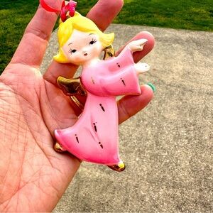 Napco Angel Ornament Girl Ceramic 4” 2H-2782 Christmas Vintage Pink Dress